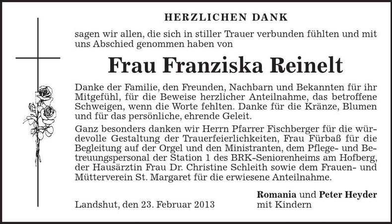 Traueranzeige Franziska Reinelt