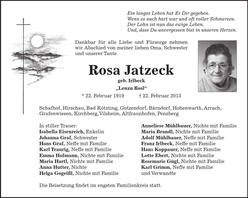 Traueranzeige Rosa Jatzeck