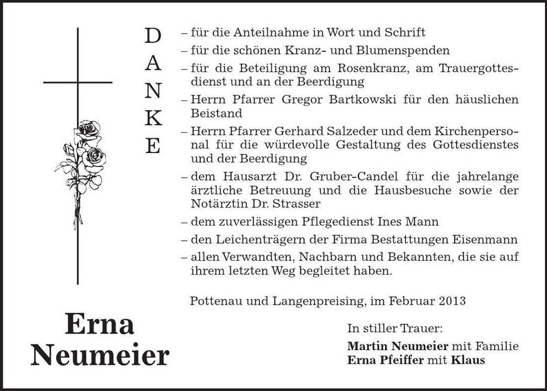 Traueranzeige Erna Neumeier