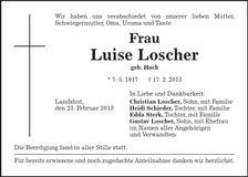 Traueranzeige Luise Loscher