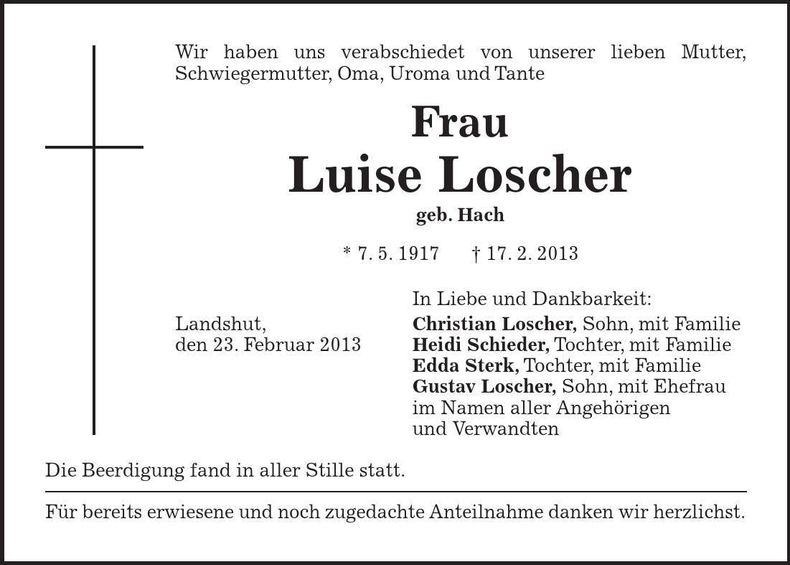 Traueranzeige Luise Loscher