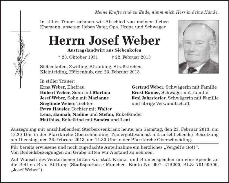 Traueranzeige Josef Weber