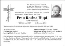 Traueranzeige Rosina Hupf