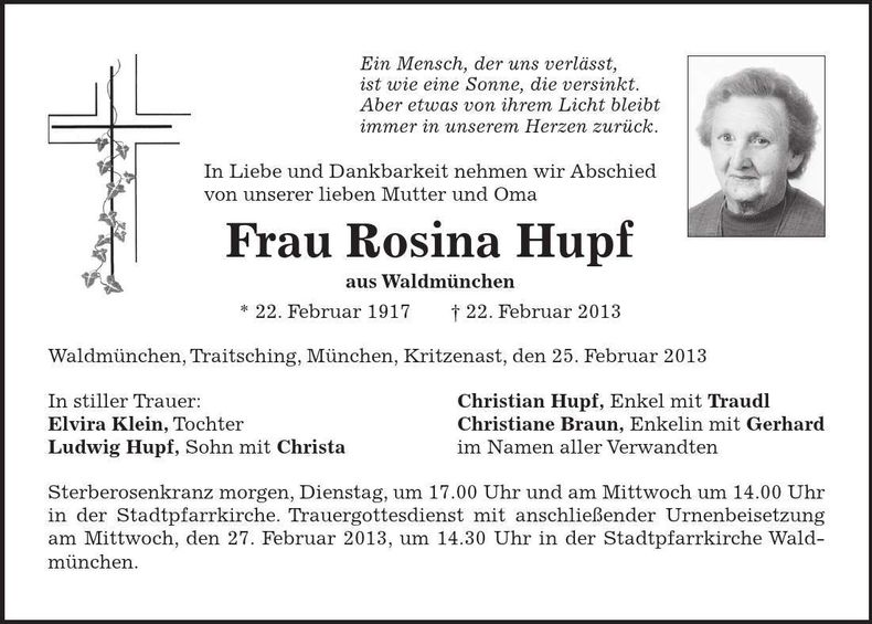 Traueranzeige Rosina Hupf