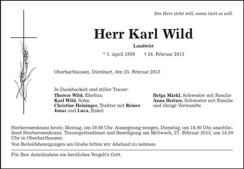 Traueranzeige Karl Wild