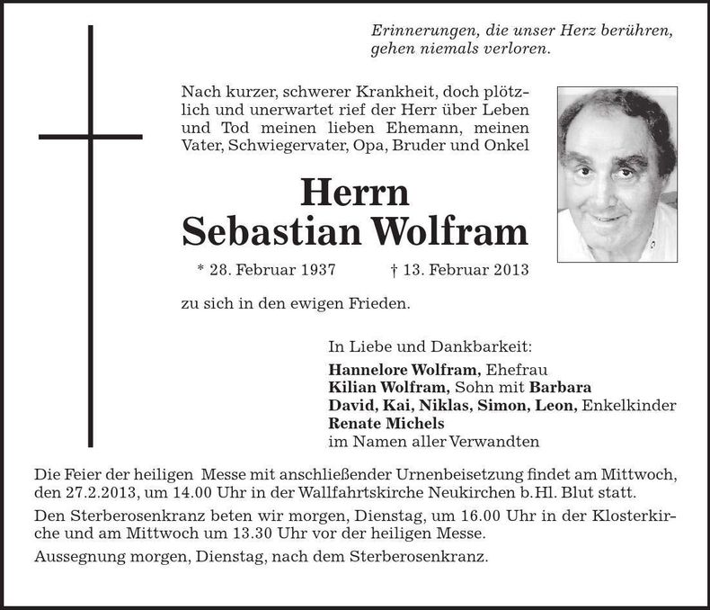 Traueranzeige Sebastian Wolfram