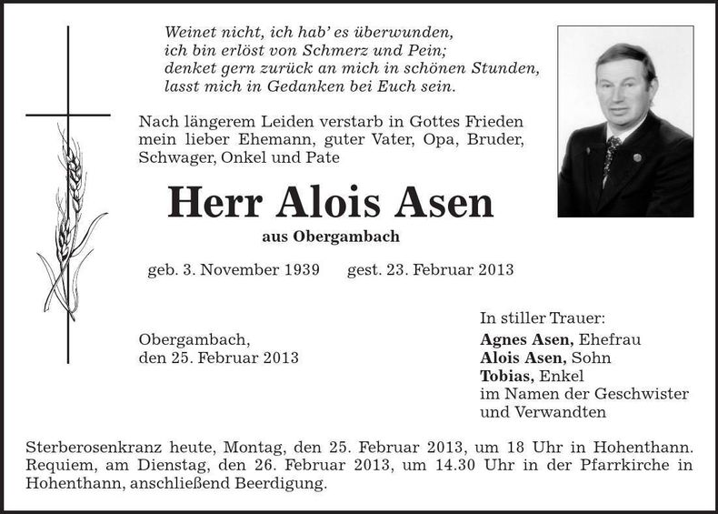 Traueranzeige Alois Asen