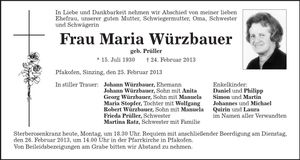 Traueranzeige Maria Würzbauer