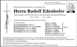 Traueranzeige Rudolf Edenhofer