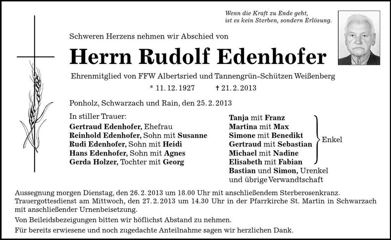 Traueranzeige Rudolf Edenhofer