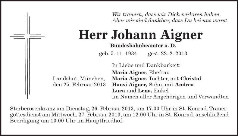 Traueranzeige Johann Aigner