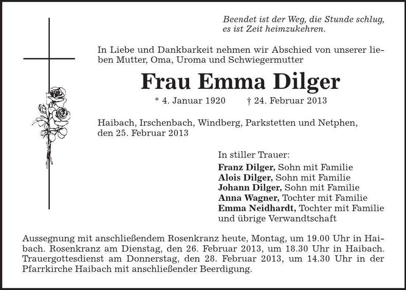 Traueranzeige Emma Dilger