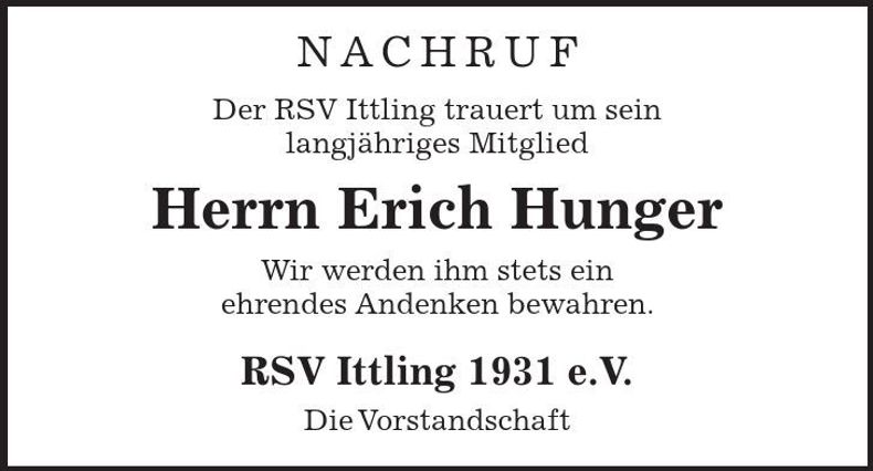 Traueranzeige Erich Hunger