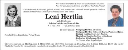 Traueranzeige Leni Hertlin