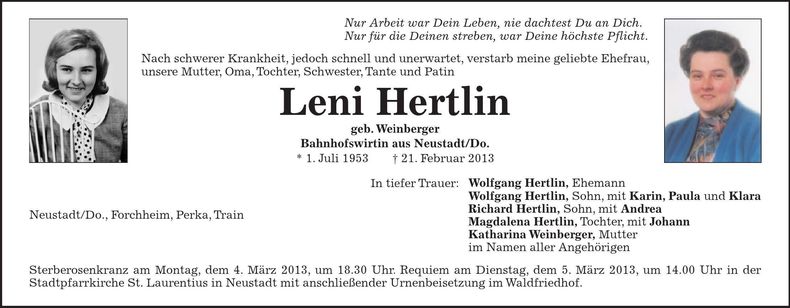 Traueranzeige Leni Hertlin
