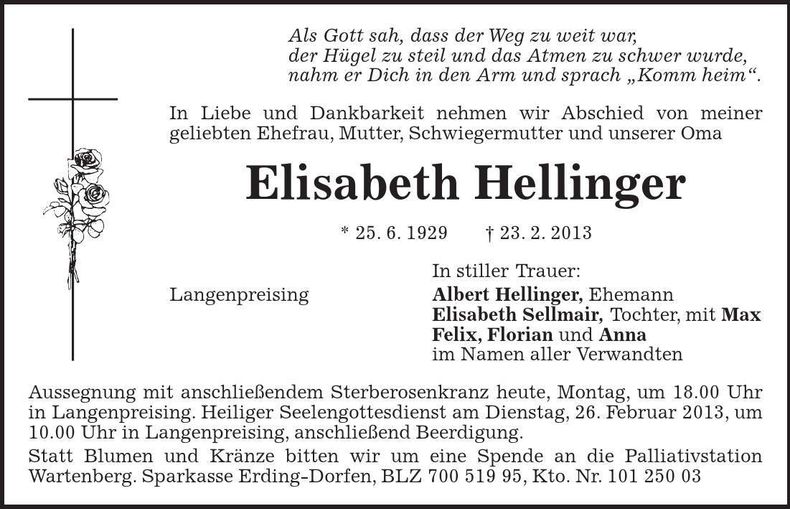 Traueranzeige Elisabeth Hellinger