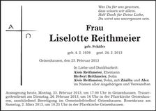 Traueranzeige Liselotte Reithmeier