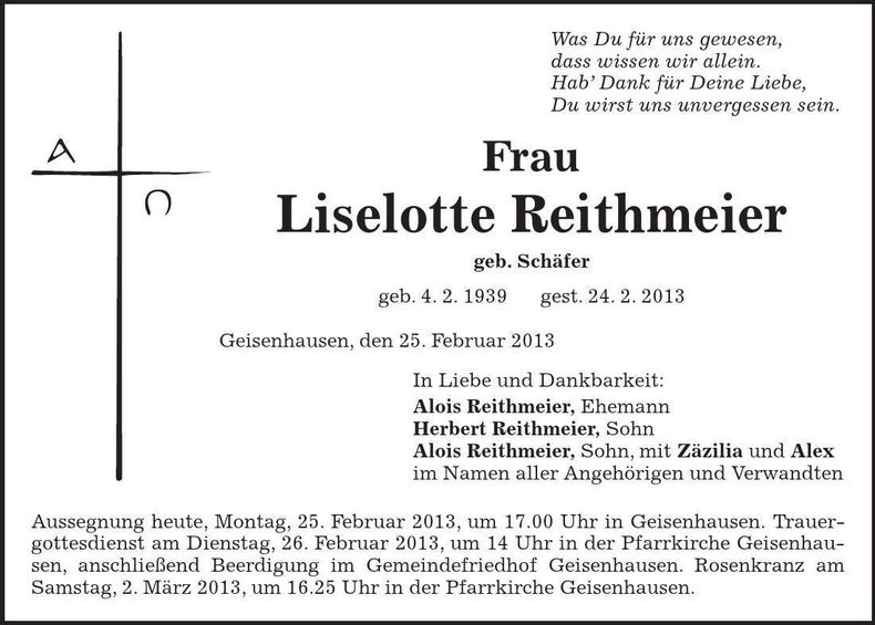 Traueranzeige Liselotte Reithmeier