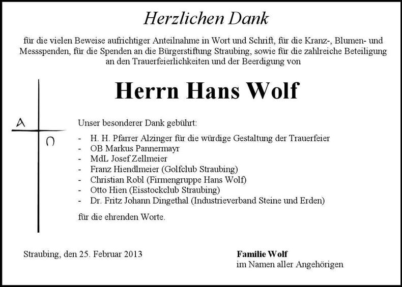 Traueranzeige Hans Wolf
