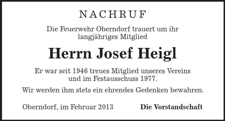 Traueranzeige Josef Heigl