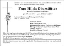 Traueranzeige Hilda Oberstötter