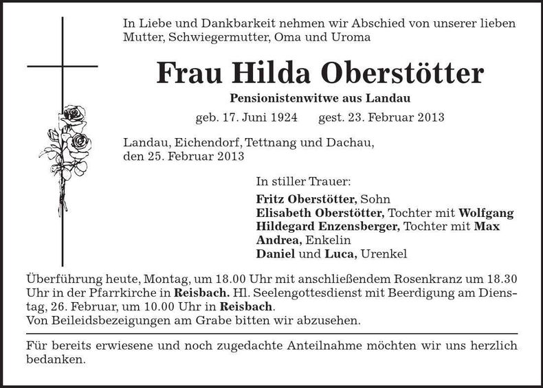 Traueranzeige Hilda Oberstötter