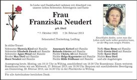 Traueranzeige Franziska Neudert