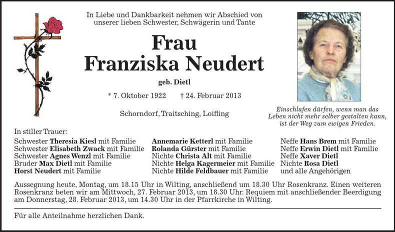 Traueranzeige Franziska Neudert