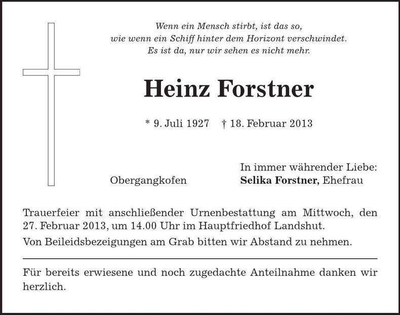 Traueranzeige Heinz Forstner