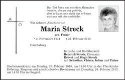 Traueranzeige Maria Streck