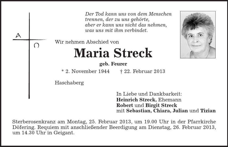Traueranzeige Maria Streck