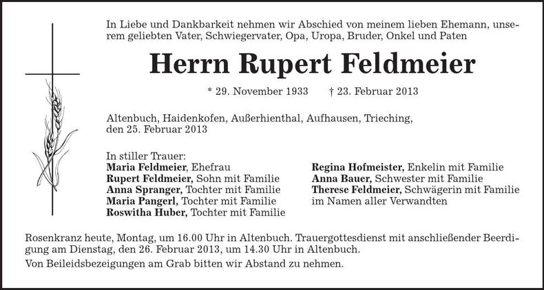 Traueranzeige Rupert Feldmeier