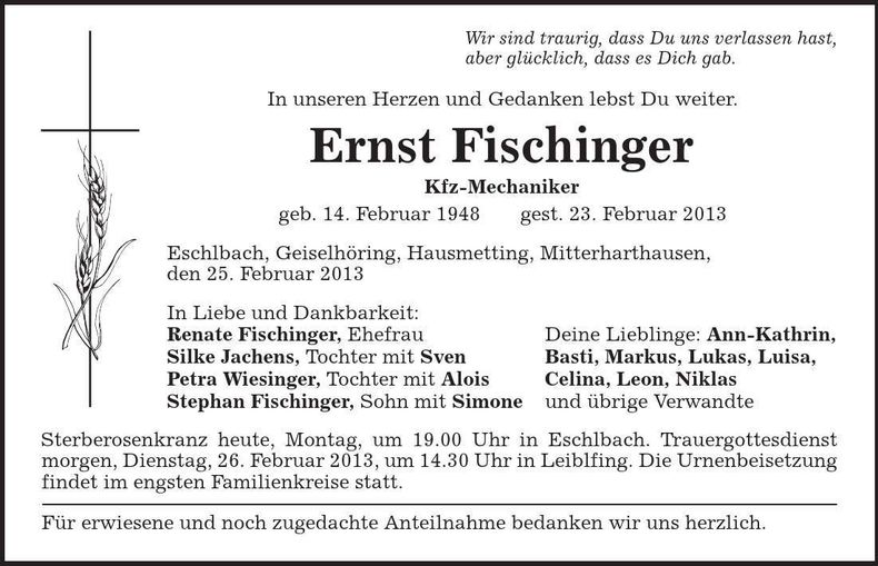 Traueranzeige Ernst Fischinger