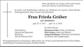 Traueranzeige Frieda Gräber