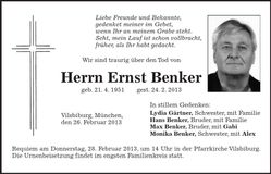 Traueranzeige Ernst Benker