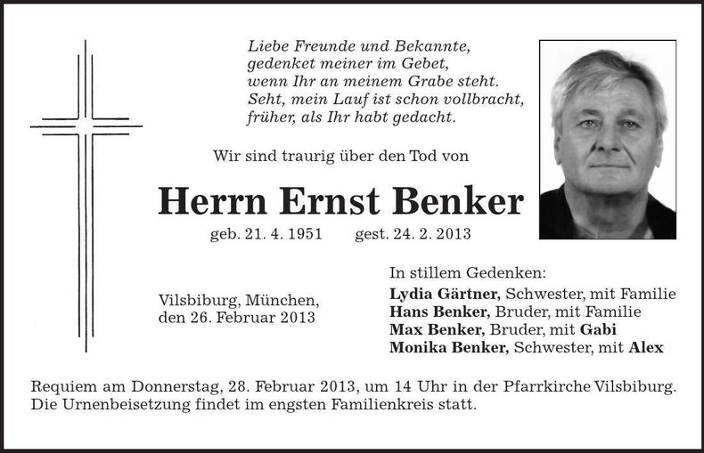 Traueranzeige Ernst Benker