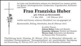 Traueranzeige Franziska Huber