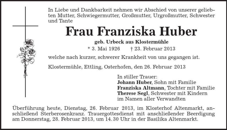 Traueranzeige Franziska Huber