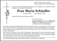 Traueranzeige Maria Schindler