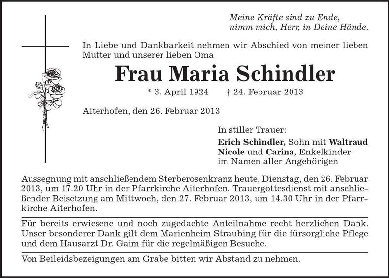 Traueranzeige Maria Schindler