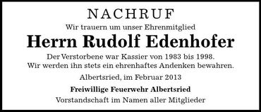 Traueranzeige Rudolf Edenhofer