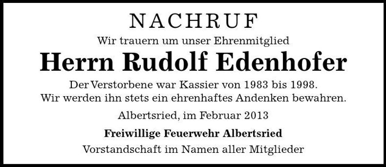 Traueranzeige Rudolf Edenhofer
