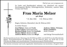 Traueranzeige Maria Melzer