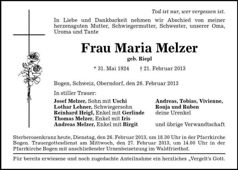 Traueranzeige Maria Melzer