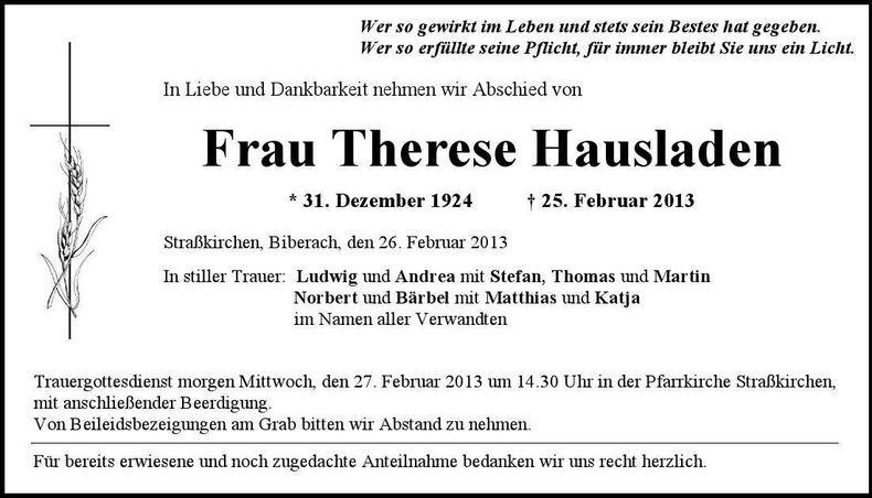 Traueranzeige Therese Hausladen