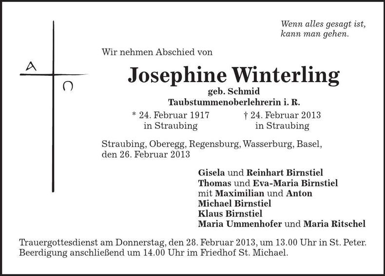 Traueranzeige Josephine Winterling