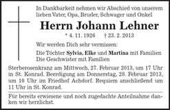 Traueranzeige Johann Lehner