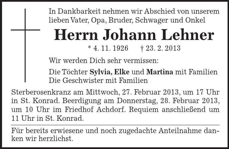 Traueranzeige Johann Lehner