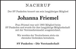 Traueranzeige Johanna Friemel