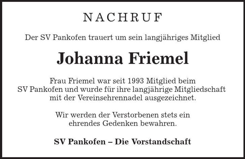 Traueranzeige Johanna Friemel